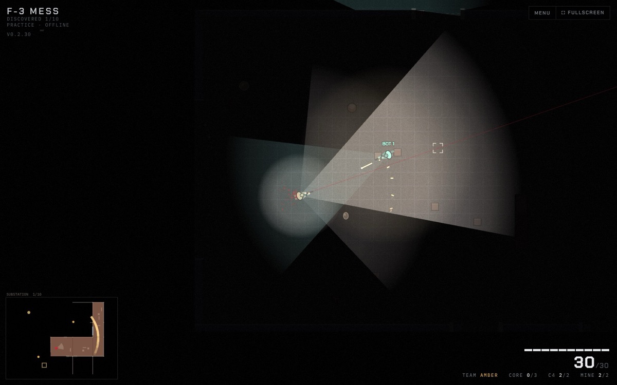 A top-down view of a dark room: two players' flashlight cones cross, with a tracer between them and a minimap in the corner