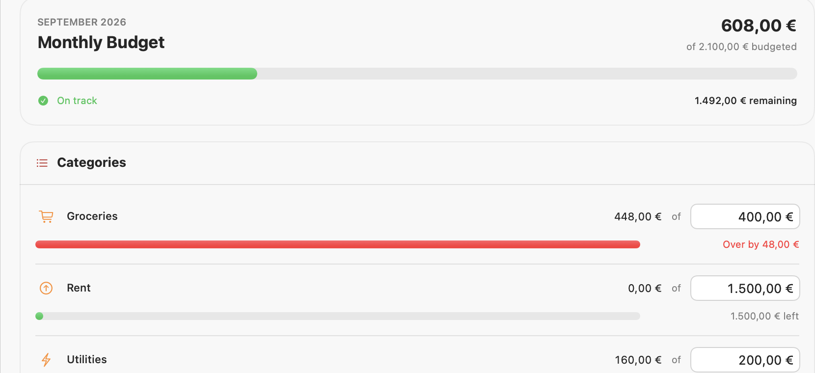 The budgets screen with a monthly total and per-category progress bars
