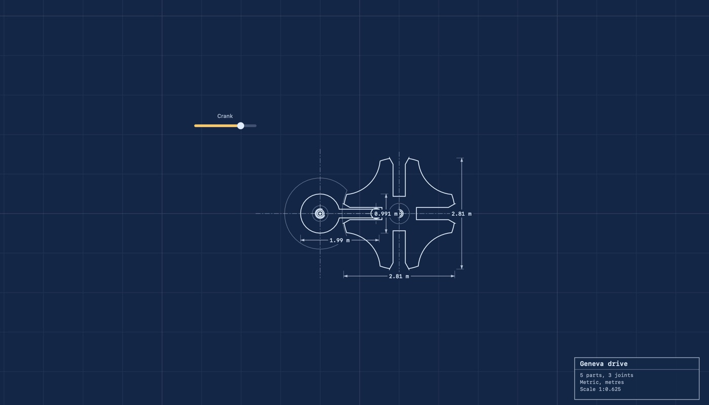 A Geneva drive drawn as a blueprint: a crank with a pin, and a wheel with four slots, with its diameter and the crank length dimensioned.