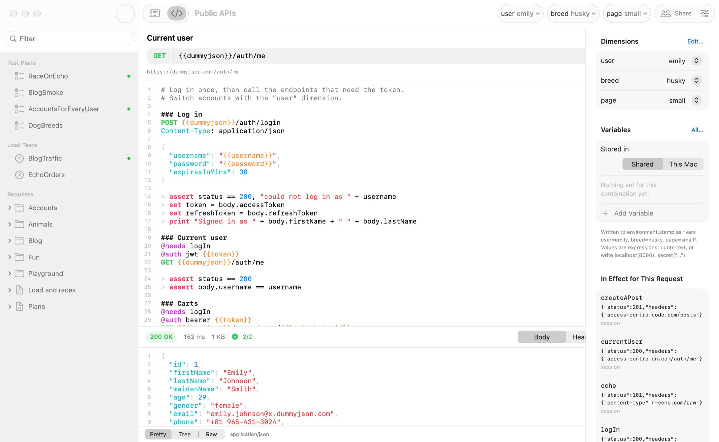The Posteçî window: a .stamp file in the source editor, the response below it and the dimensions and variables in the inspector