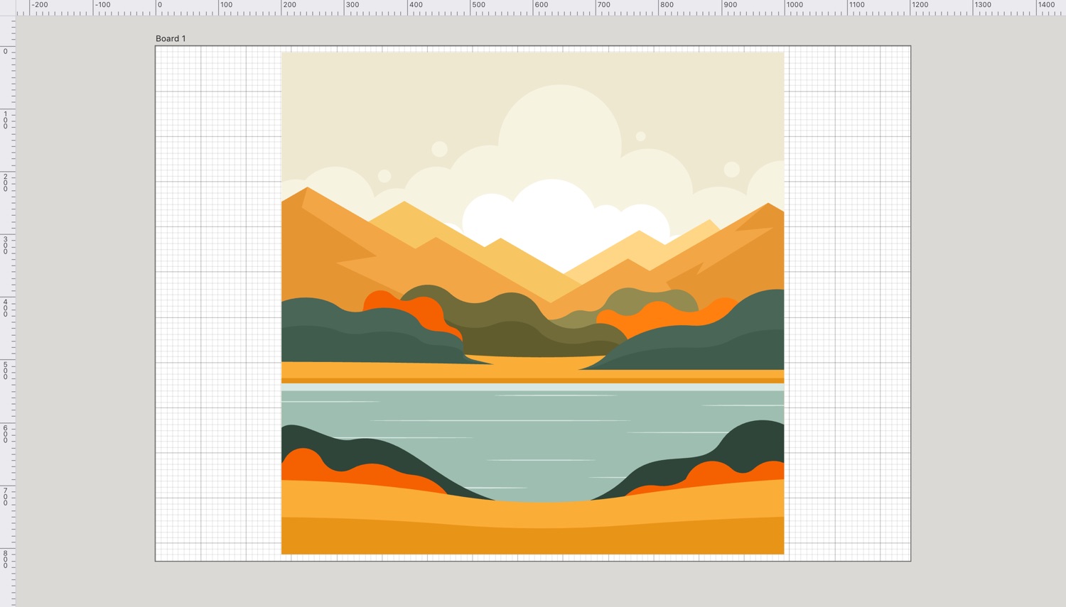 A vector mountain landscape open on a board in Scissor: layered hills, a lake and a sun, drawn as flat shapes
