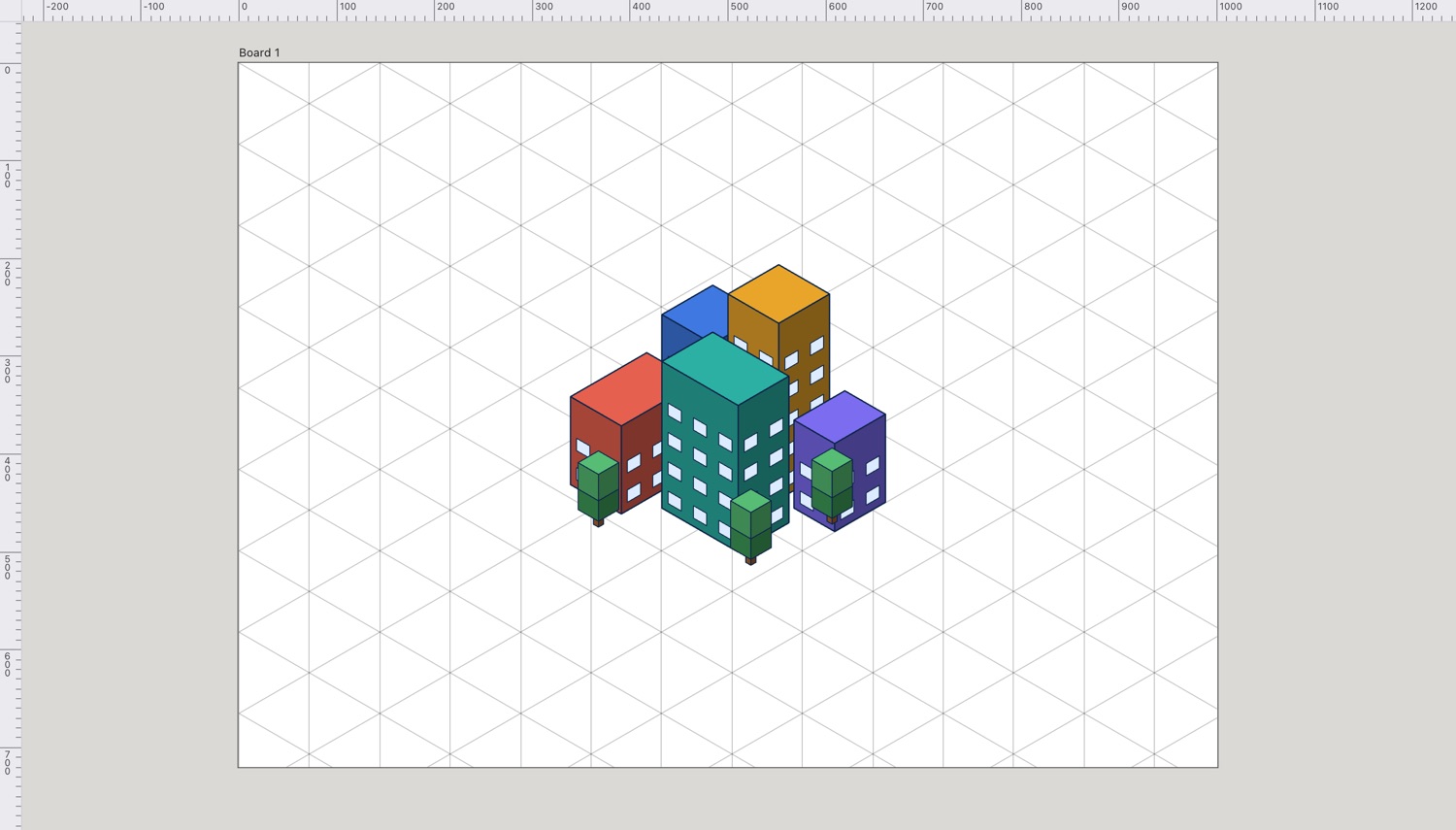 A small isometric town of coloured buildings with windows and trees, drawn on Scissor's isometric grid