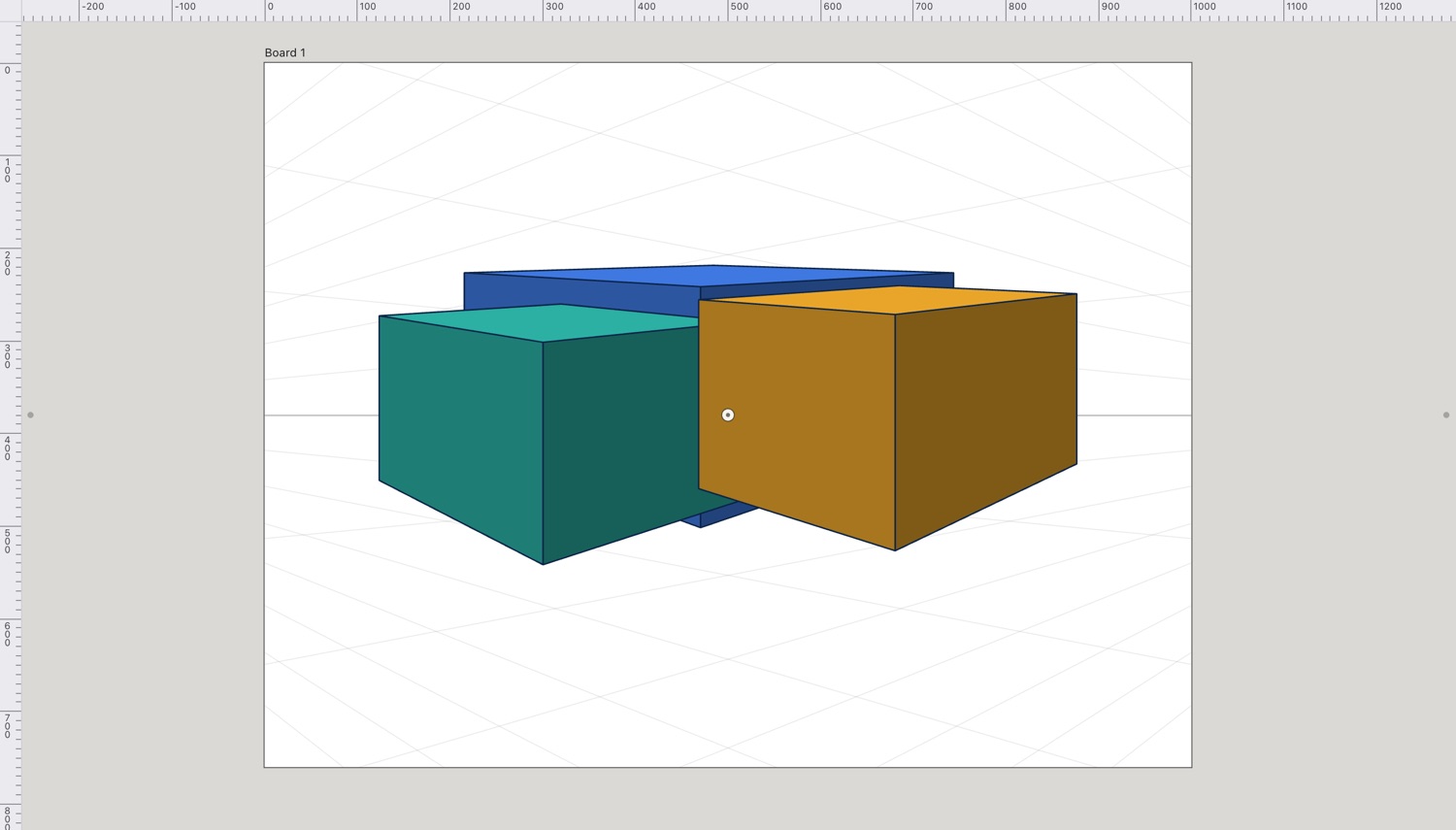 Three coloured boxes drawn in two-point perspective on Scissor's perspective grid, their edges converging to a vanishing point on each side of the horizon