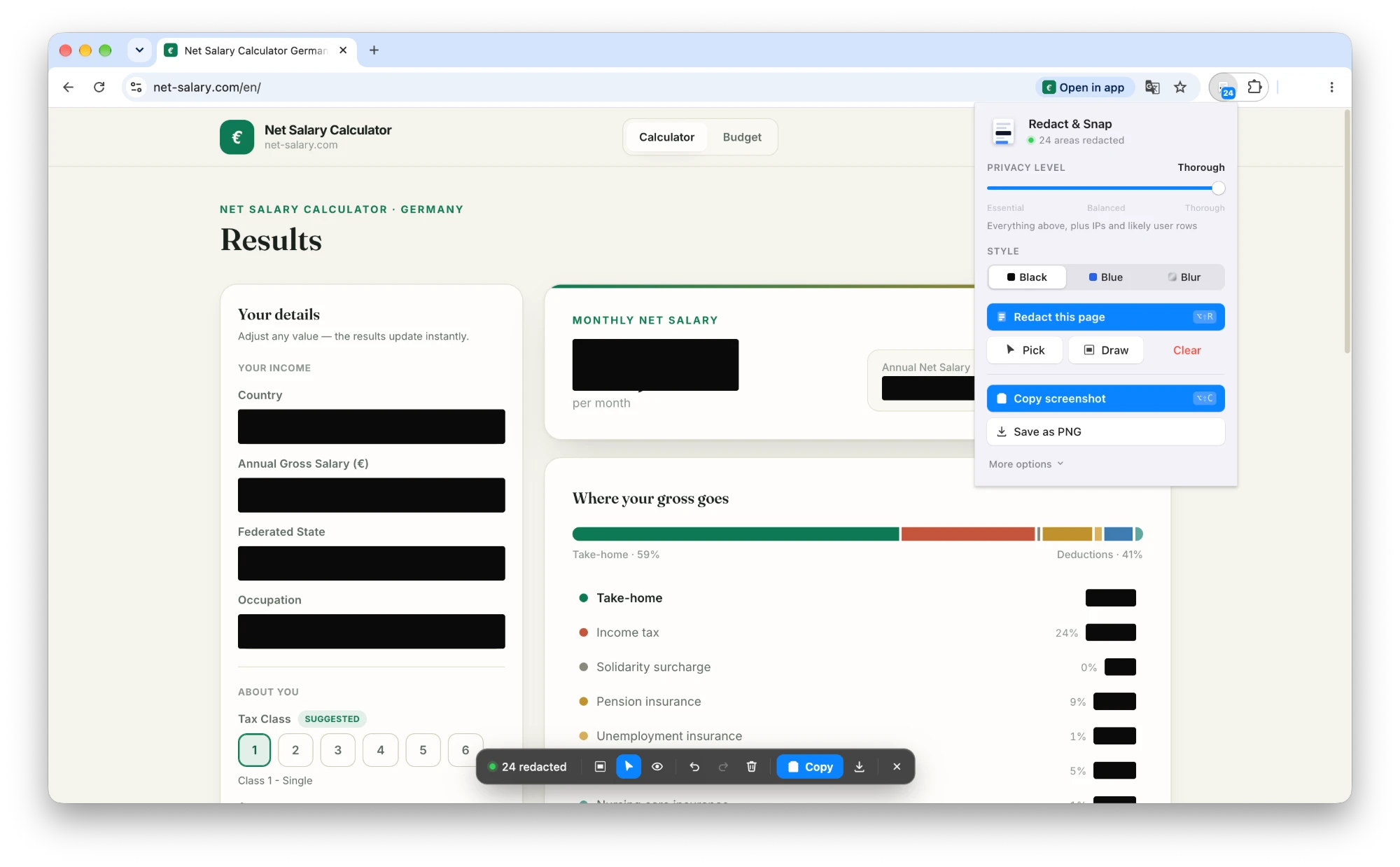 Redact & Snap covering salary figures on a page, with its toolbar reporting 24 redacted areas